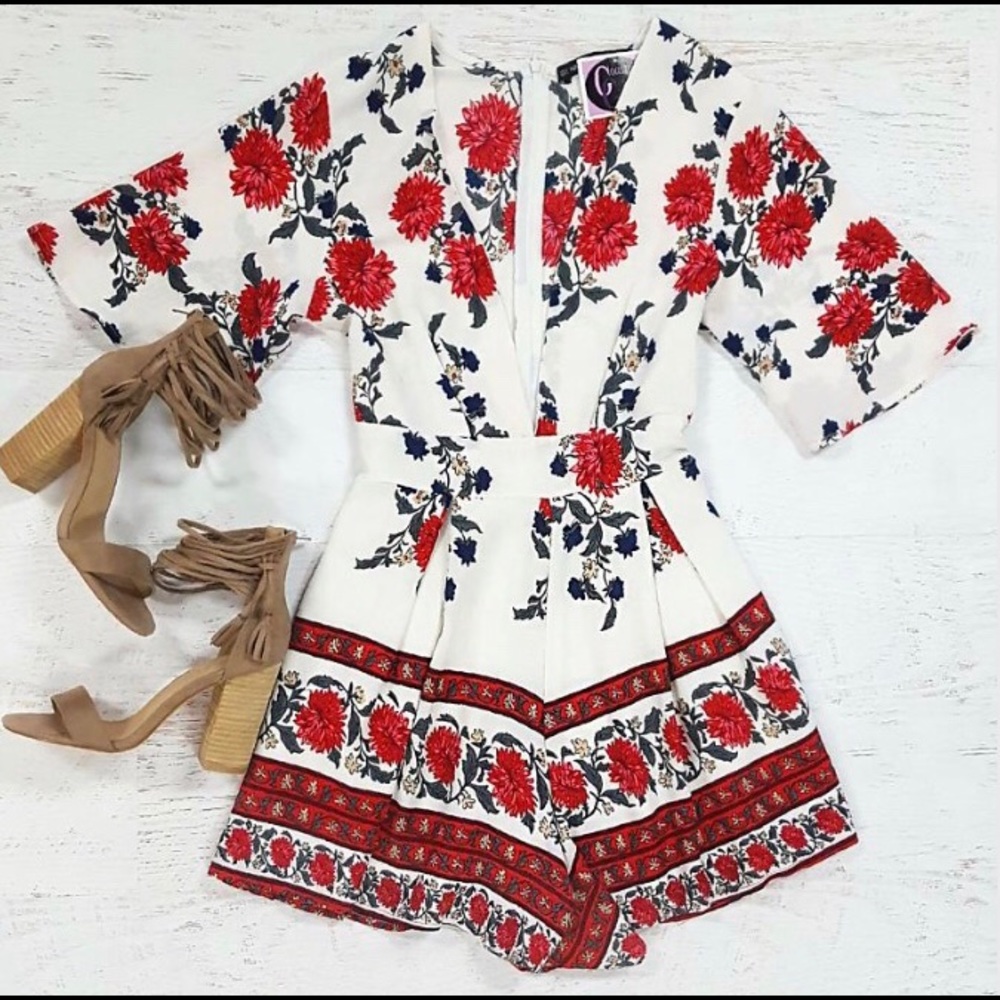 Classic Red Floral on White Romper/Playsuit Small